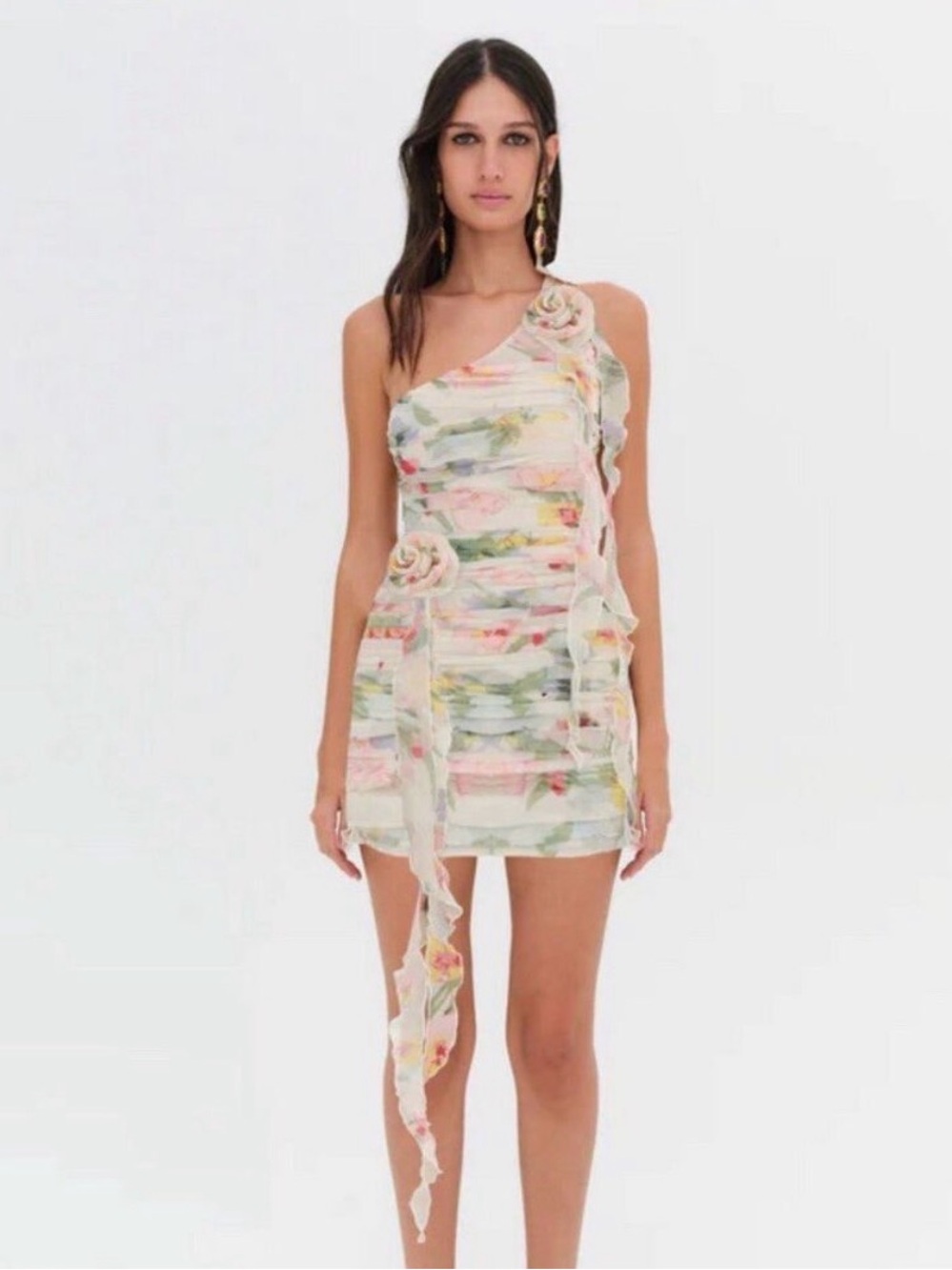 For Love & Lemons One-Shoulder Pastel Floral Ruffle Mini Dress